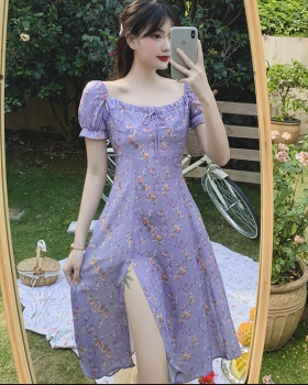 Purple slim short sleeve split floral dress