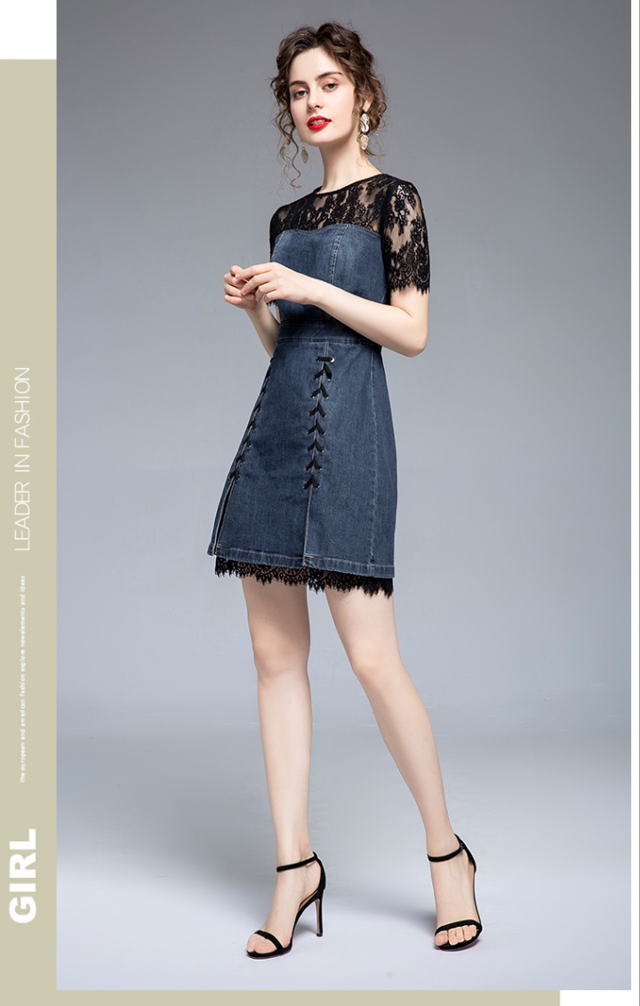 European style lace cotton T-back denim bandage dress