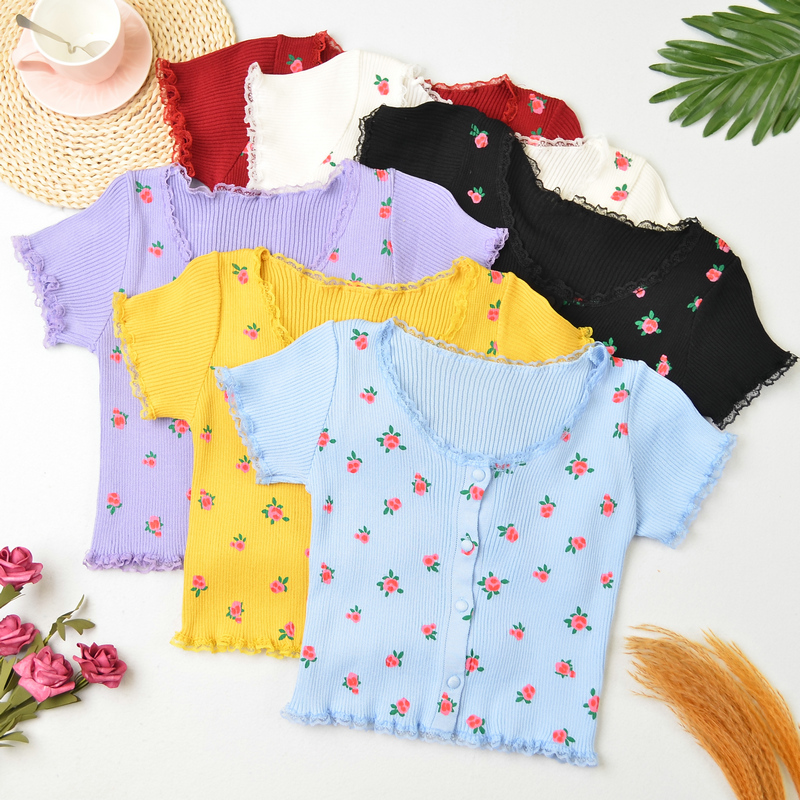 Floral short summer tops knitted slim navel small cardigan