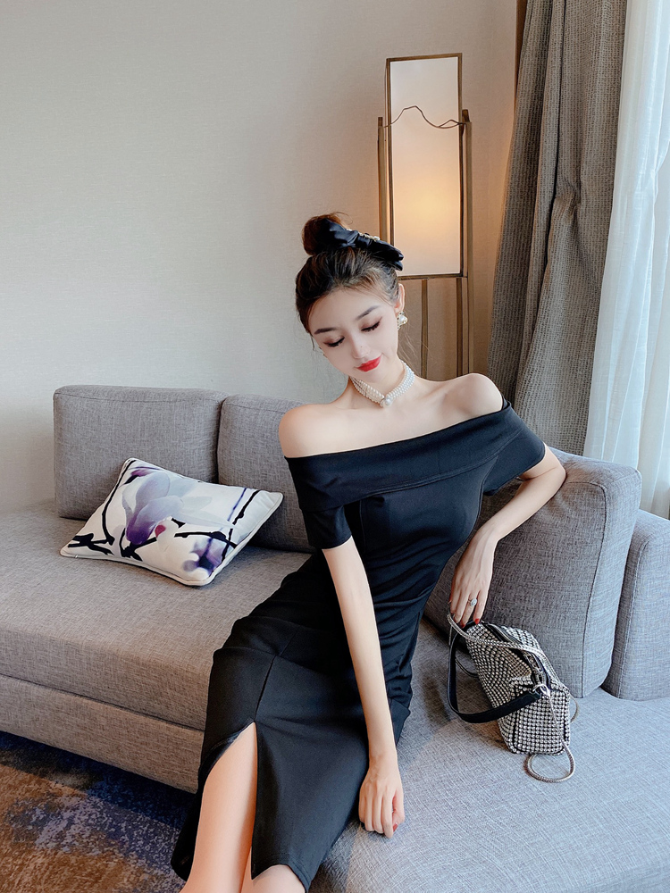Split temperament strapless slim Korean style dress