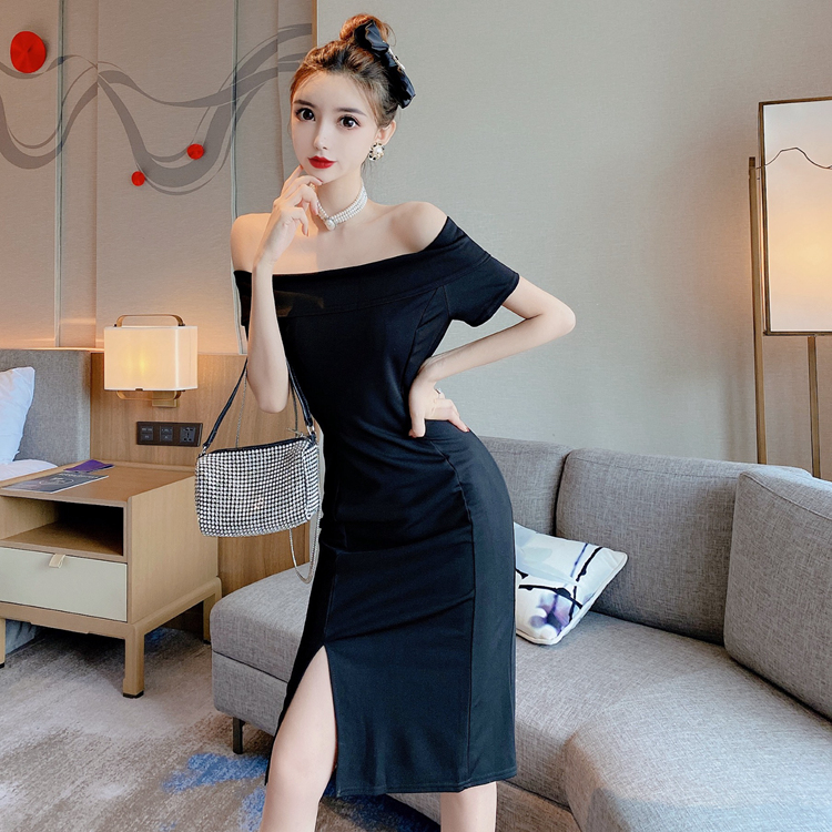 Split temperament strapless slim Korean style dress