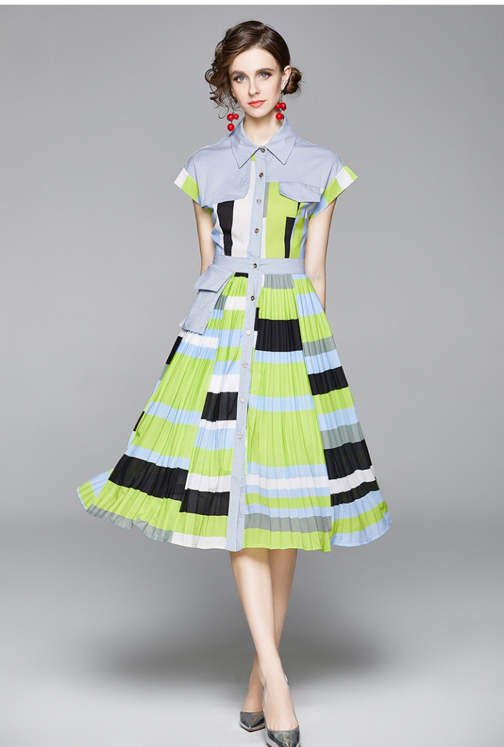 Pleated mixed colors pinched waist splice dress