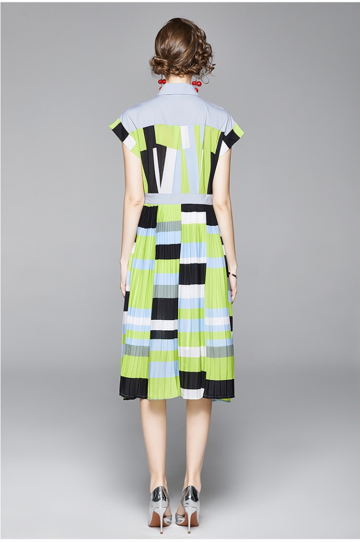 Pleated mixed colors pinched waist splice dress