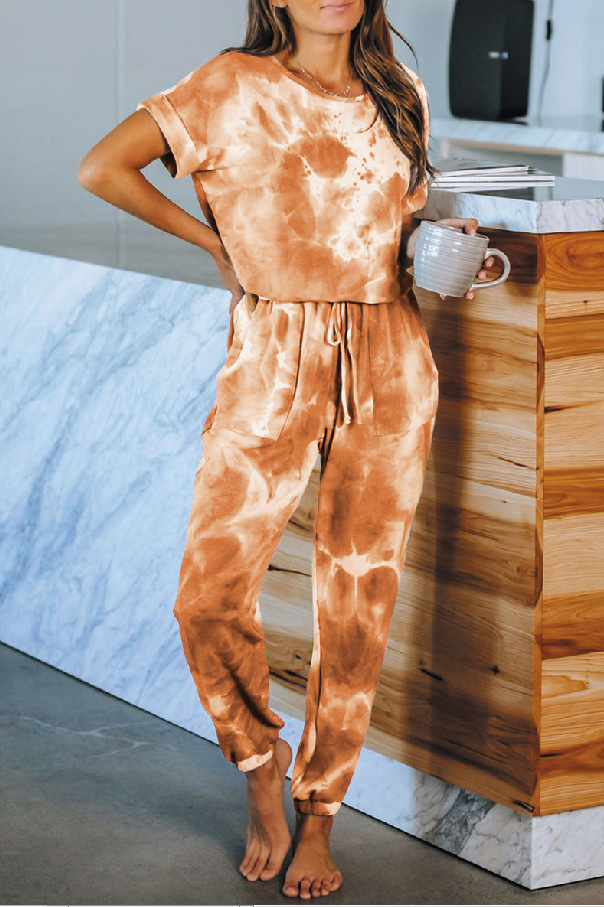 At home short sleeve long pants printing pajamas a set for women
