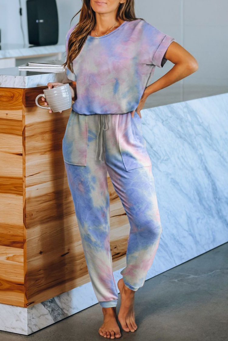 At home short sleeve long pants printing pajamas a set for women