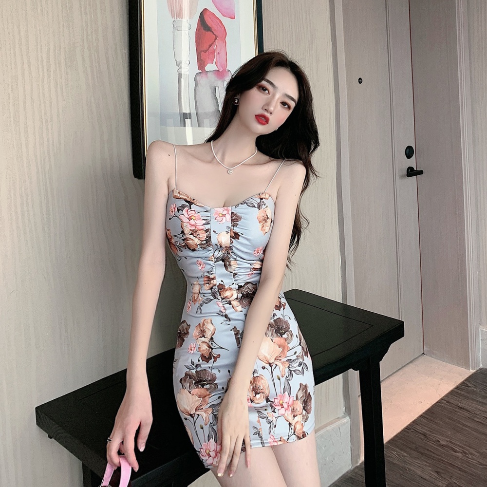 Sling wrapped chest printing low-cut dress for women