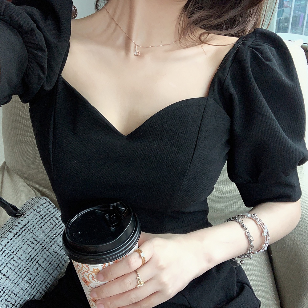 Pinched waist short sleeve slim black sexy summer dress