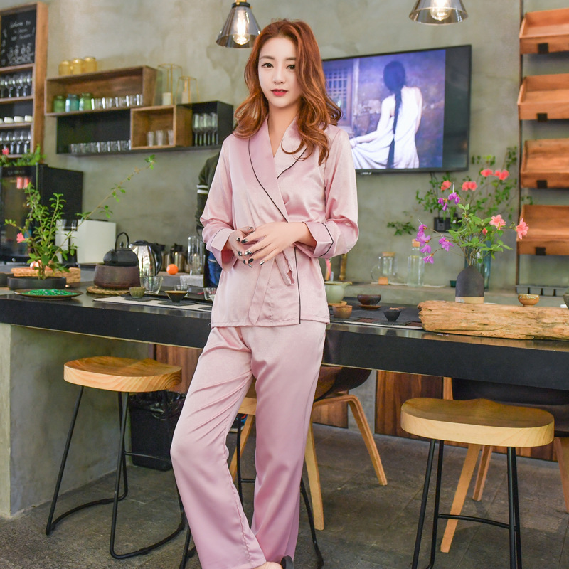 Imitation silk pajamas long pants 2pcs set for women