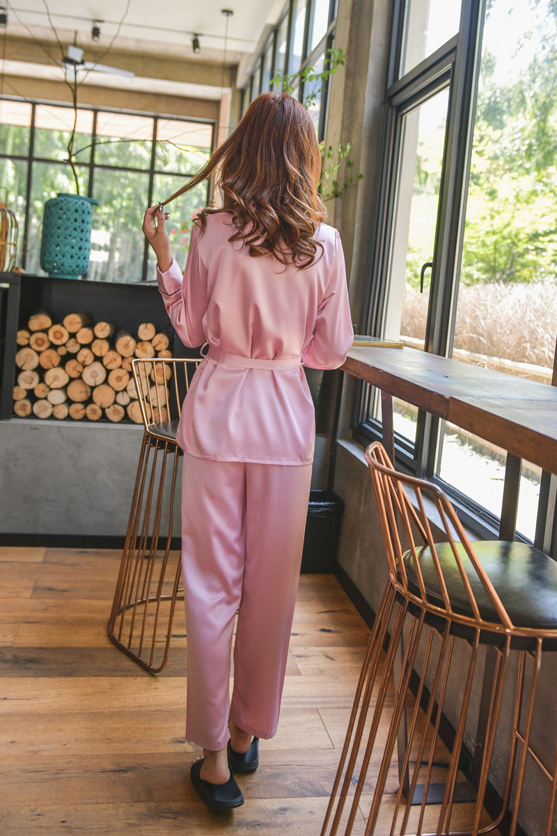 Imitation silk pajamas long pants 2pcs set for women