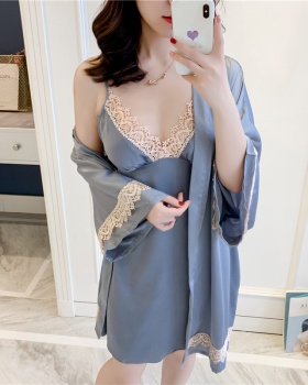 Long sleeve nightgown ice silk pajamas 2pcs set for women