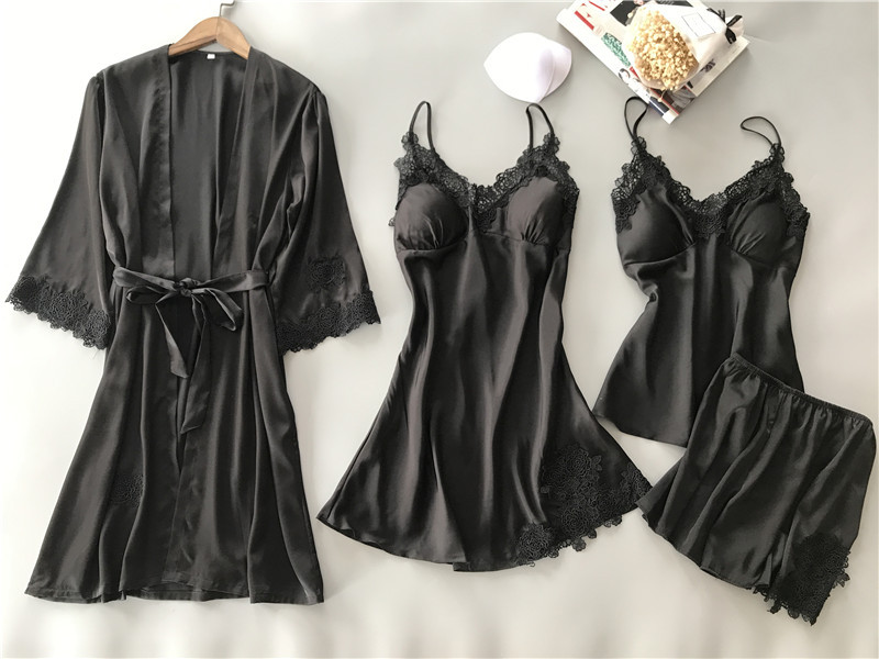 With chest pad shorts silk nightgown 4pcs set for women