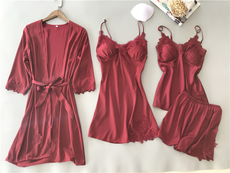 With chest pad shorts silk nightgown 4pcs set for women