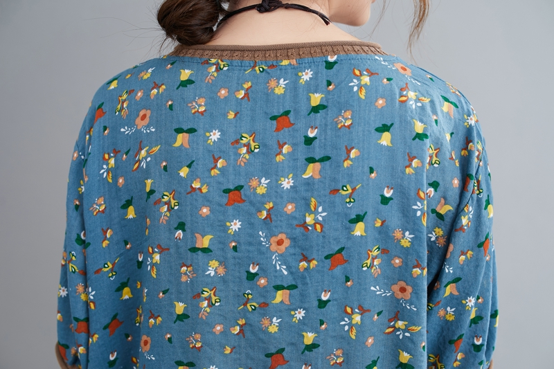 Pocket splice cotton linen shirts V-neck floral T-shirt
