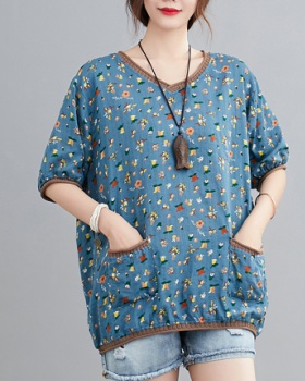Pocket splice cotton linen shirts V-neck floral T-shirt