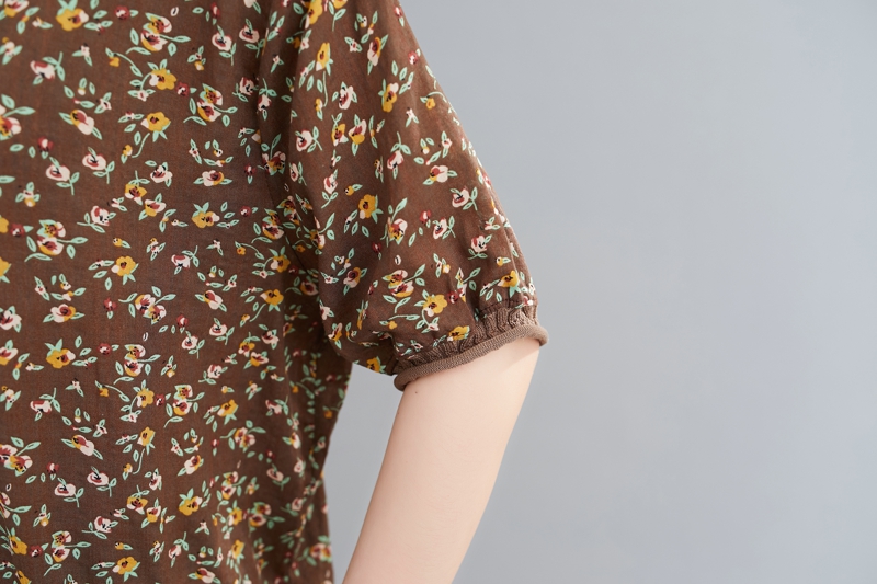 Splice printing pocket T-shirt floral cotton linen tops
