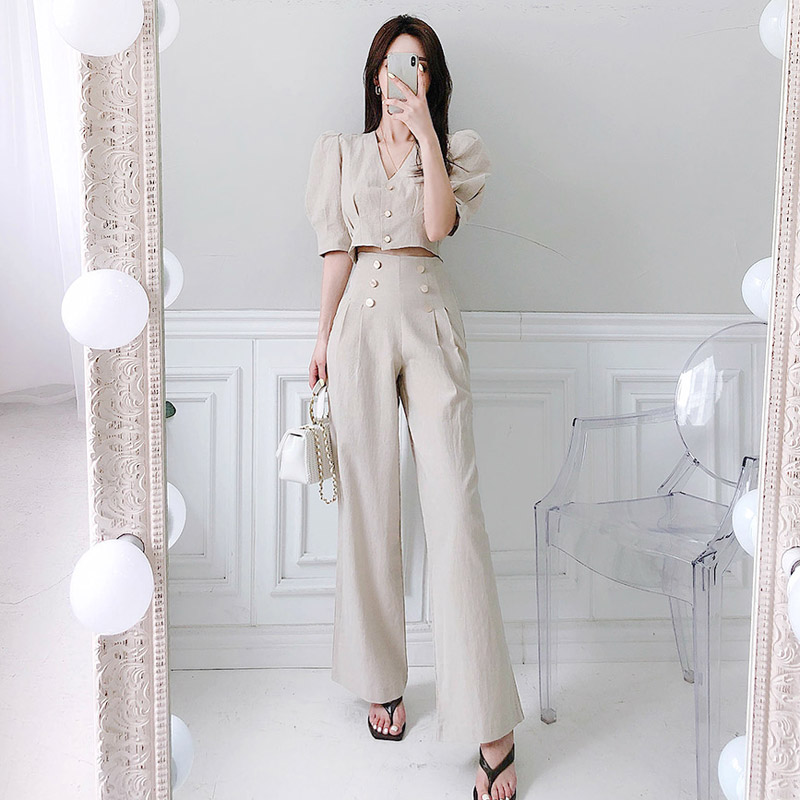 Korean style tops V-neck long pants 2pcs set for women AD13333