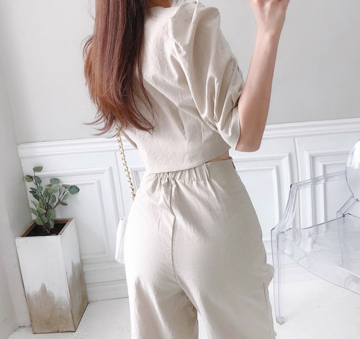 Korean style tops V-neck long pants 2pcs set for women