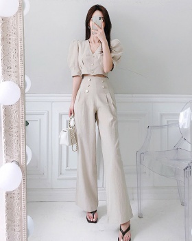 Korean style tops V-neck long pants 2pcs set for women