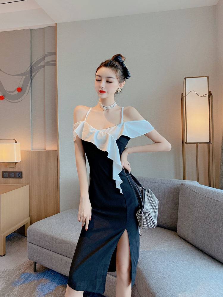 Korean style sling package hip dress V-neck split strap dress