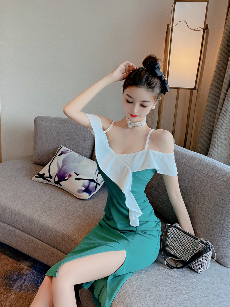 Korean style sling package hip dress V-neck split strap dress