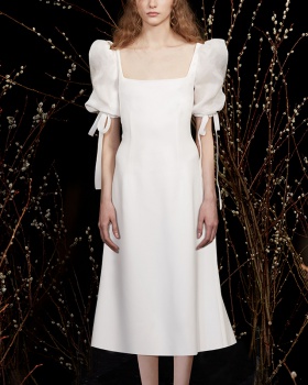 White puff sleeve long dress slim dress for women