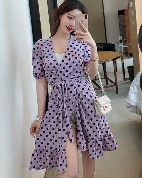 Sexy bandage V-neck polka dot short sleeve pinched waist dress