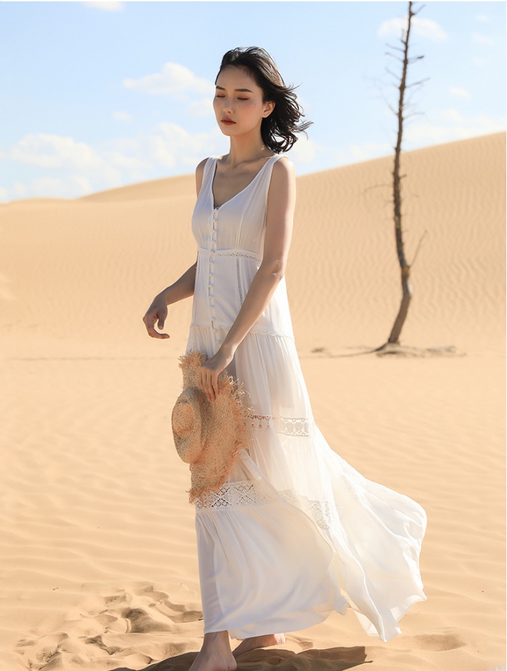 V-neck lady seaside beach dress white tender strap dress