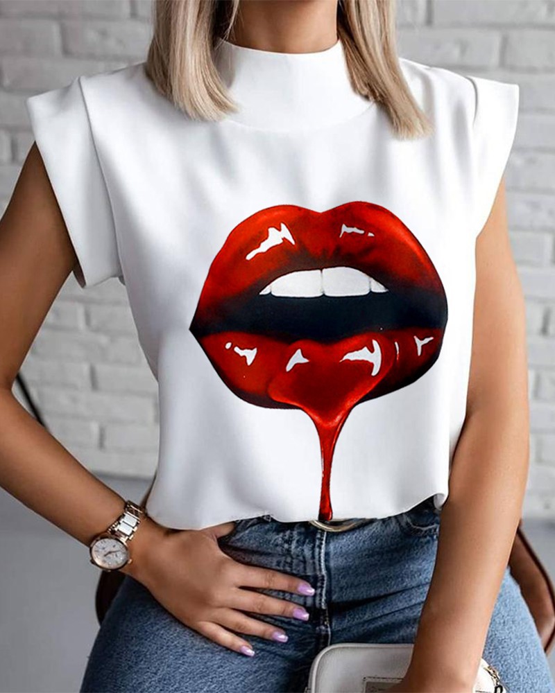 Lip summer tops printing simple shirt for women