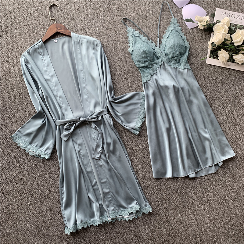 Sexy ice silk pajamas sling homewear nightgown 2pcs set