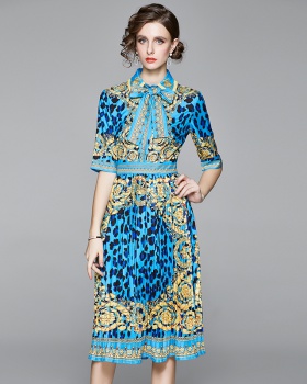 Leopard frenum printing lapel bow fashion crimp dress