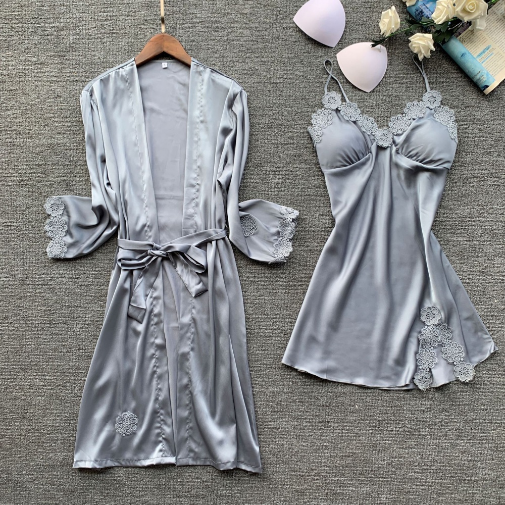 Ice silk pajamas sexy nightgown 2pcs set for women