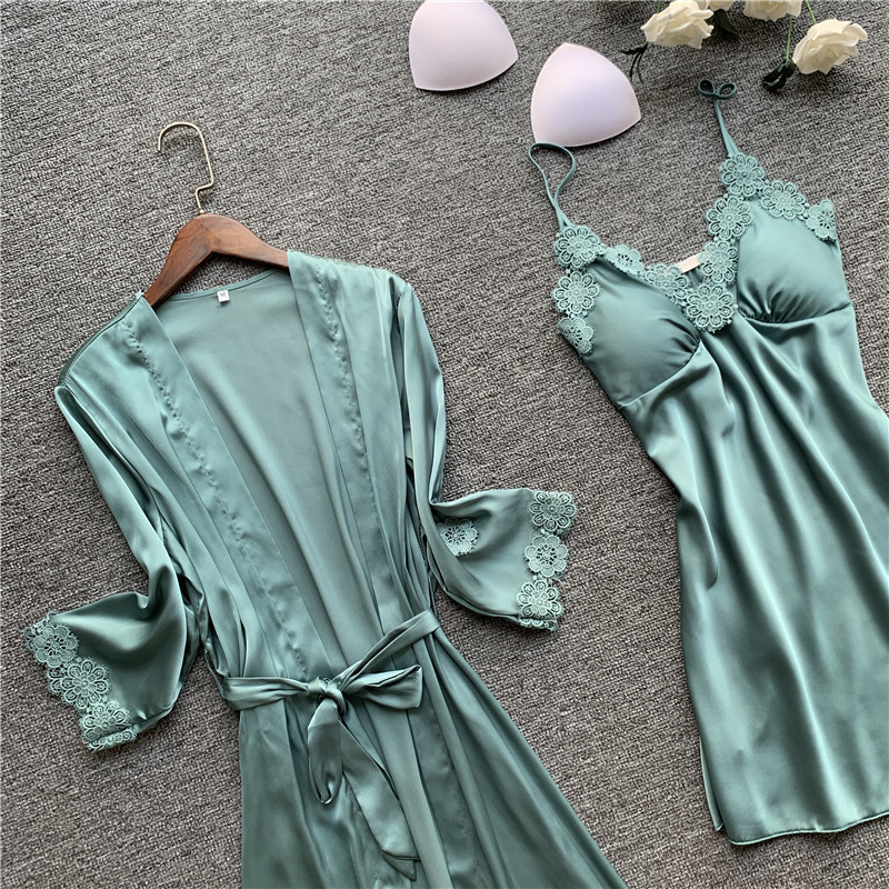 Ice silk pajamas sexy nightgown 2pcs set for women