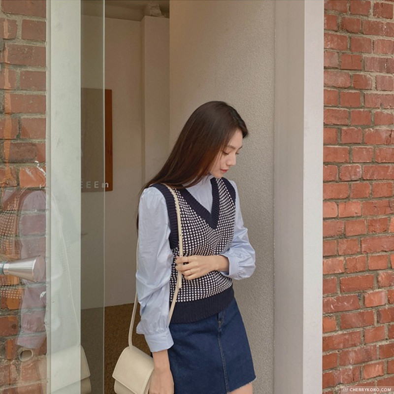 V-neck Korean style vest plaid waistcoat for women