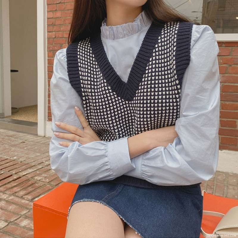 V-neck Korean style vest plaid waistcoat for women