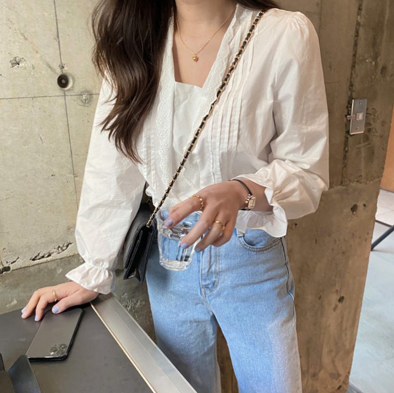 Splice long sleeve pure lace Korean style shirt for women