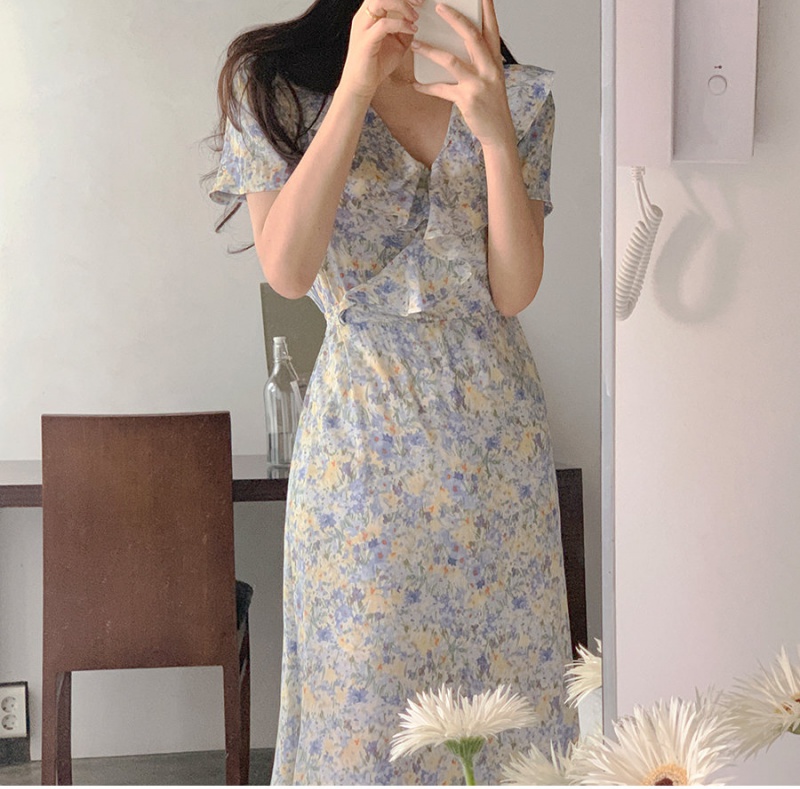 Korean style elegant chiffon summer floral dress