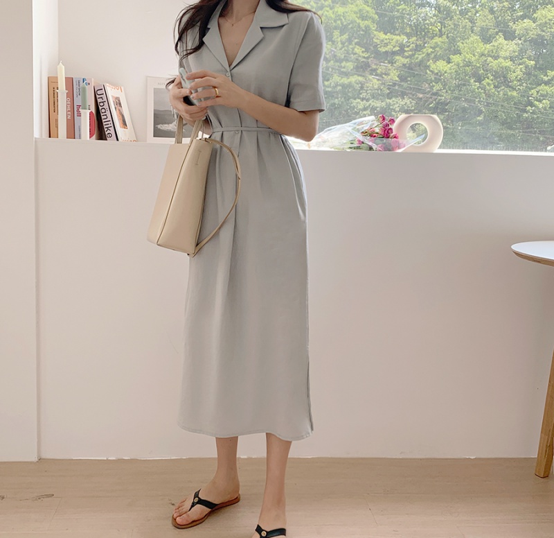 Pure lazy pinched waist long simple Korean style dress