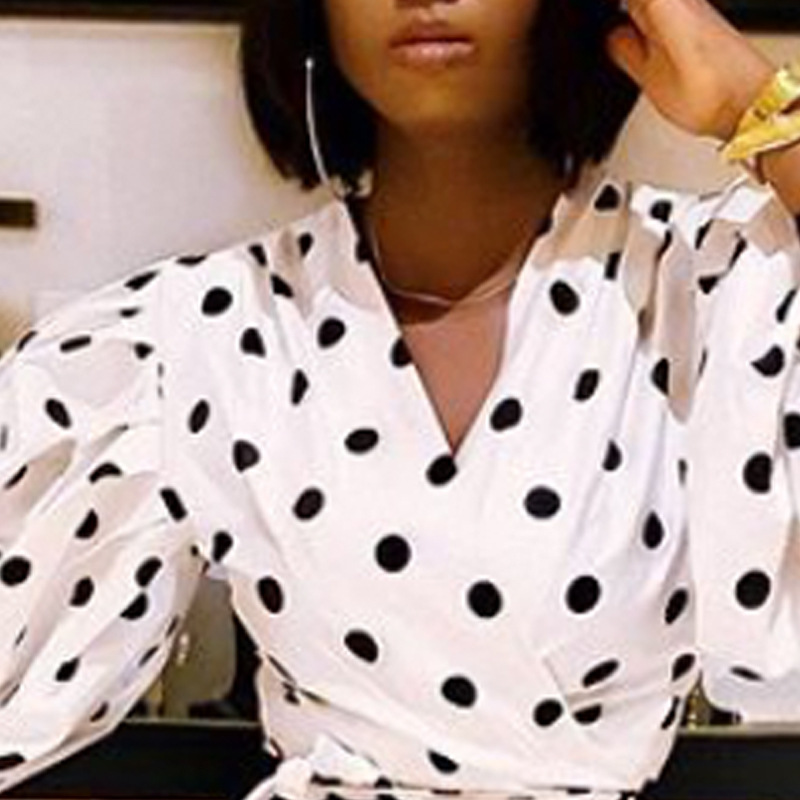 Puff sleeve long sleeve shirt polka dot V-neck tops for women