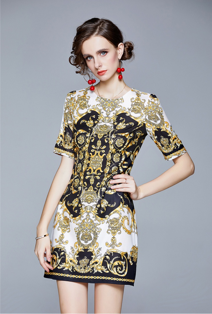 Retro round neck European style short sleeve printing dress
