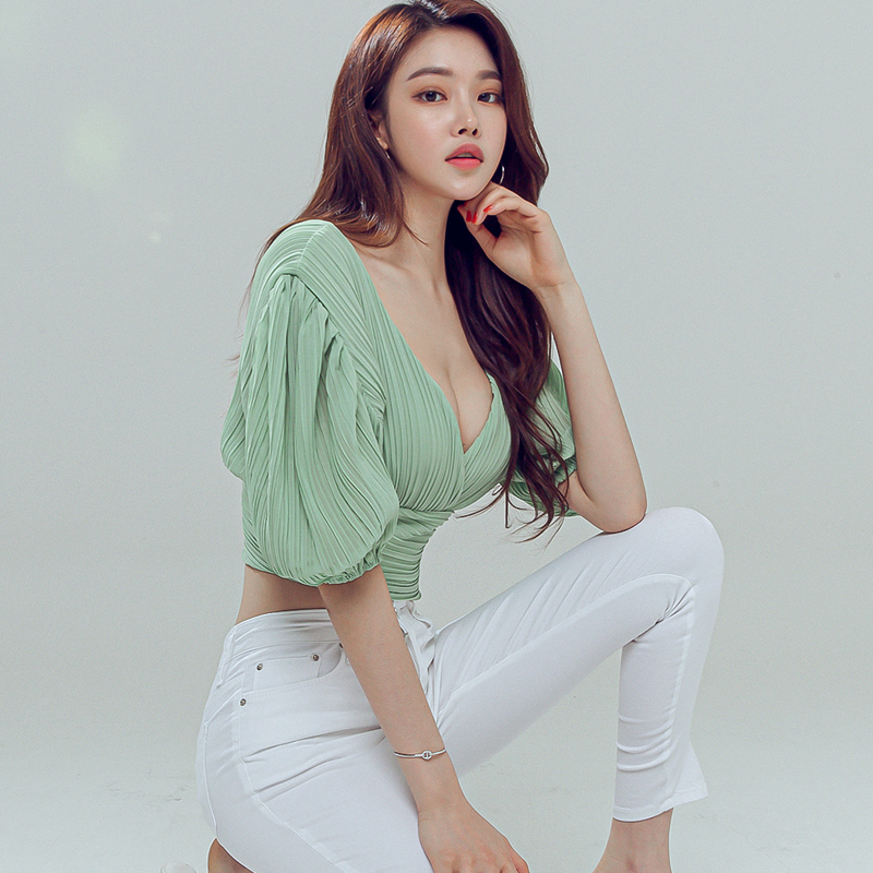 Korean style slim pinched waist summer tops for women