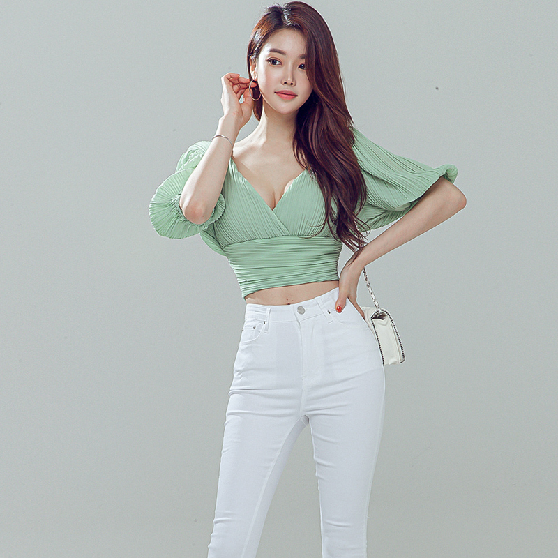 Korean style slim pinched waist summer tops for women