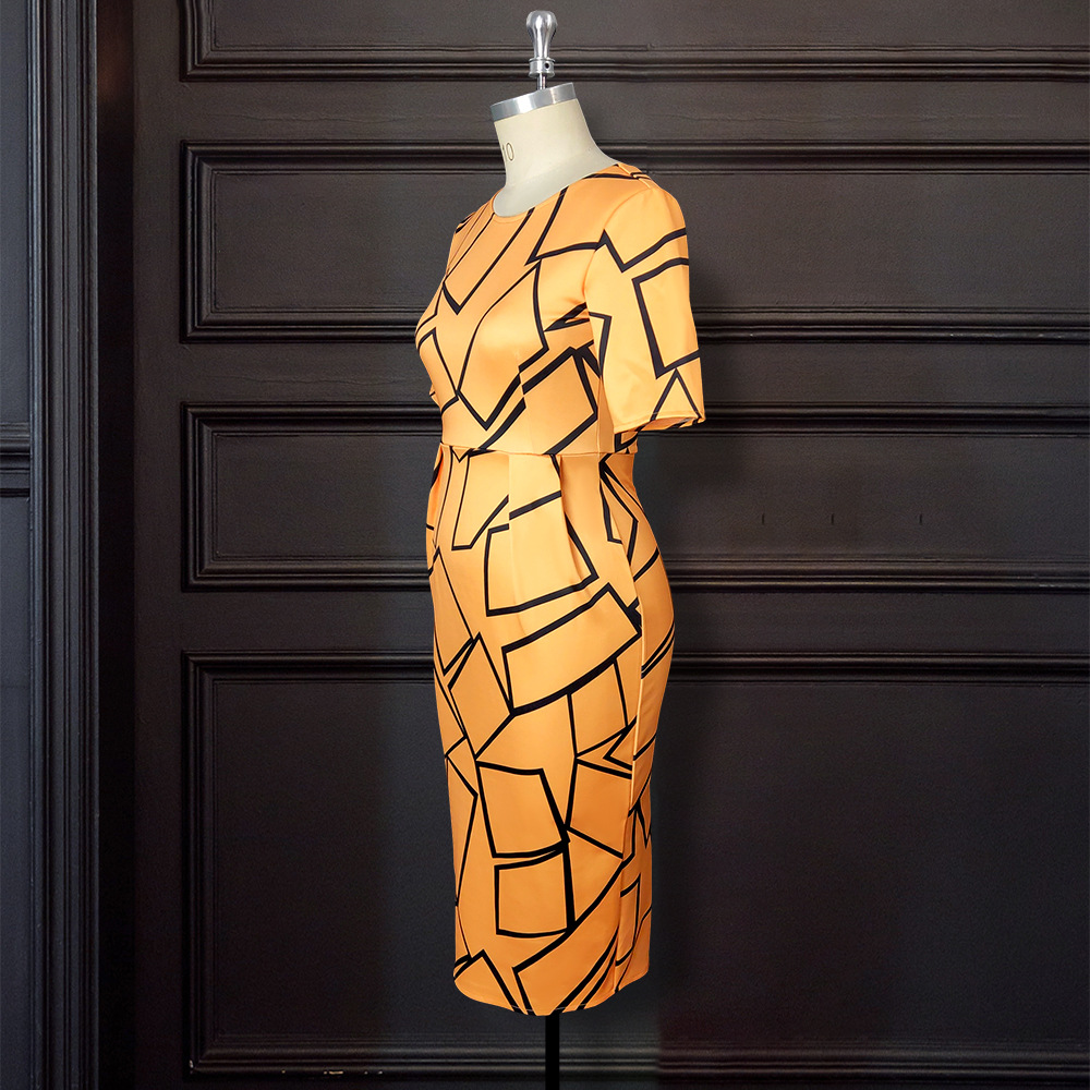 Package hip slim printing short sleeve dress for women