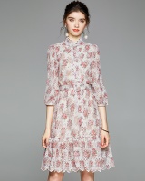 Hollow elegant cstand collar floral France style dress