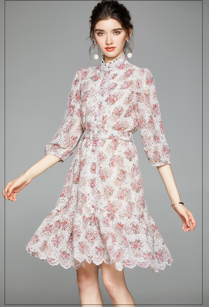 Hollow elegant cstand collar floral France style dress