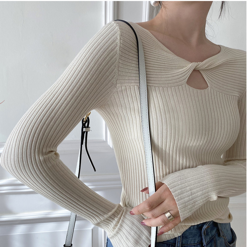 Sexy spring and autumn V-neck sweater hollow slim tops