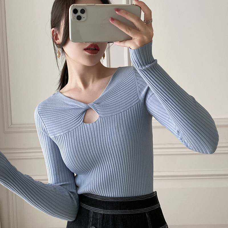 Sexy spring and autumn V-neck sweater hollow slim tops