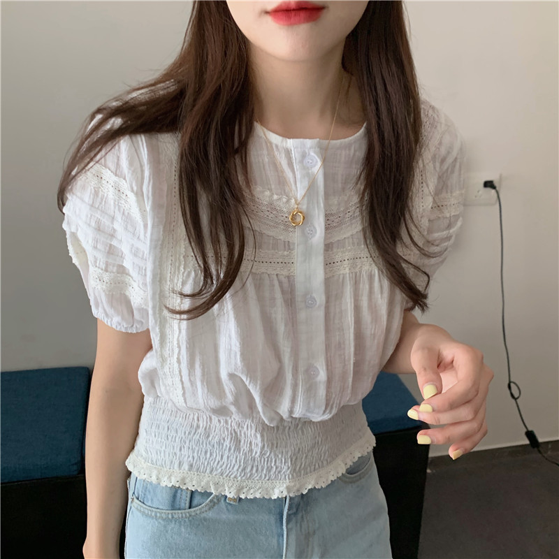 Splice lace pinched waist small sweet shirt