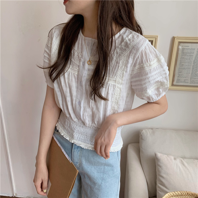 Splice lace pinched waist small sweet shirt