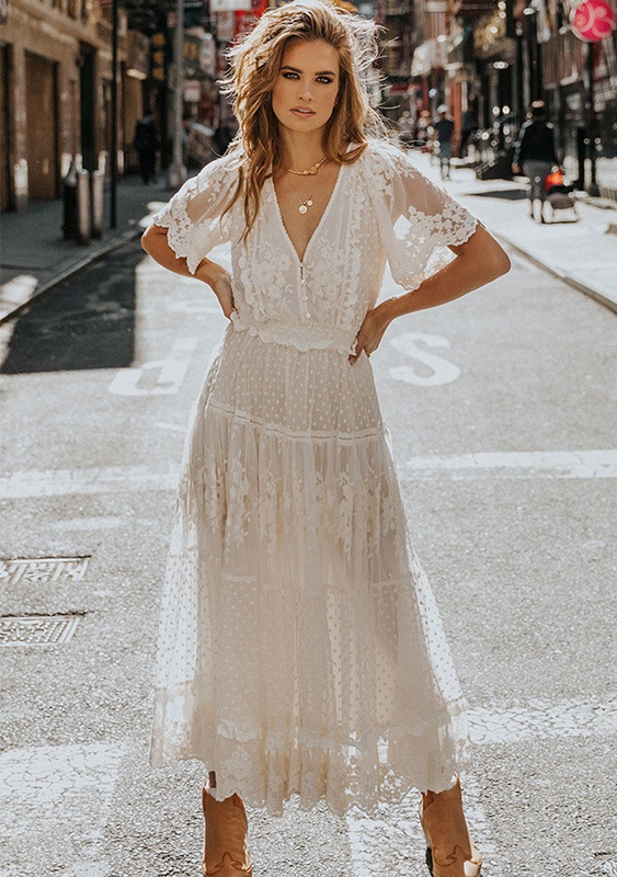 European style lace summer V-neck short sleeve dress