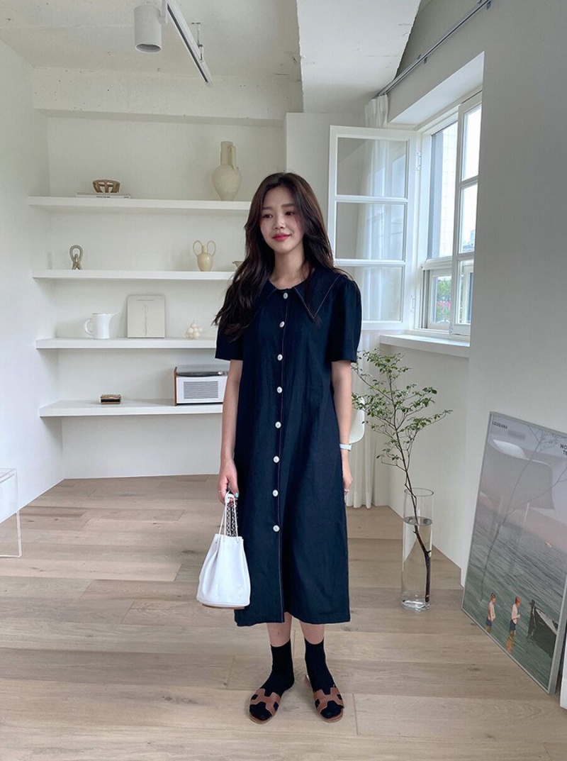 Long frenum Korean style retro navy collar dress